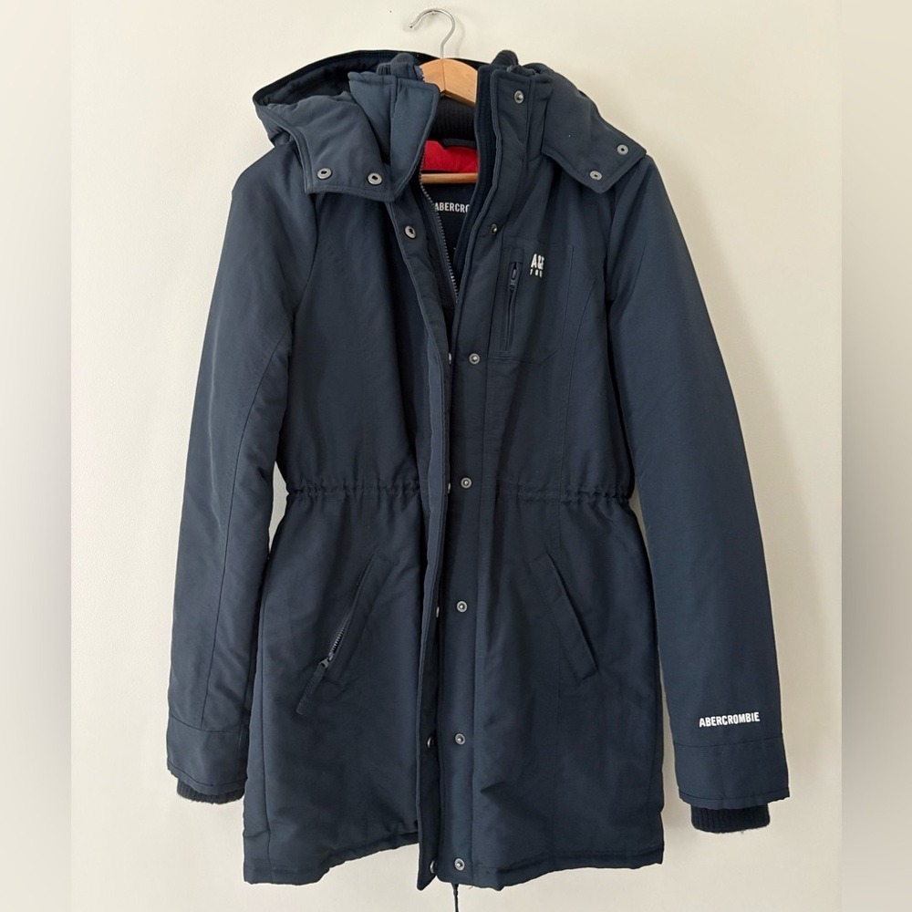 Abercrombie & Fitch Women's Navy Parka Coat with Hood Full Zip Snap Size S